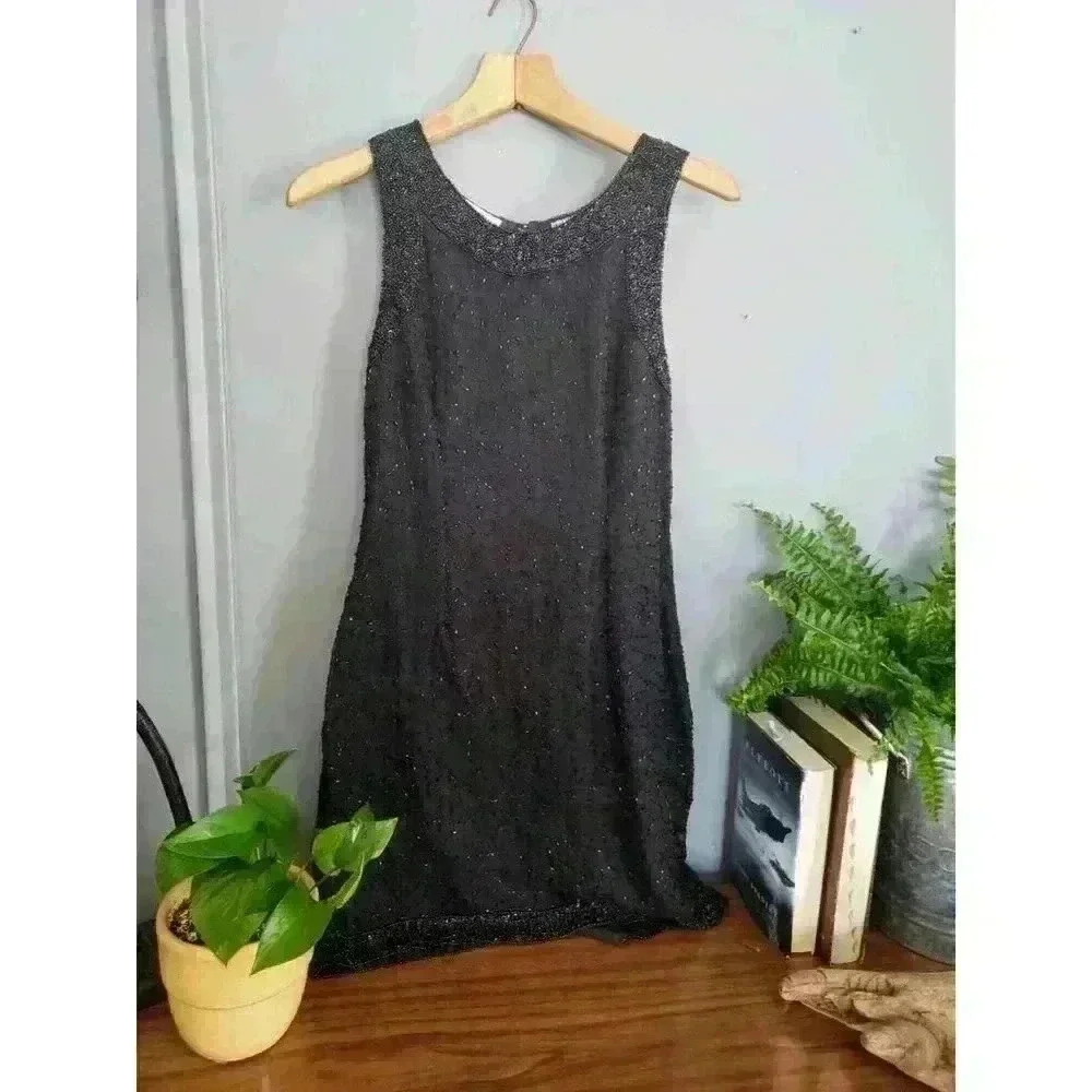 Lawrence Kazar‎ New York Women's Silk Beaded LBD Black sleeveless 1980s